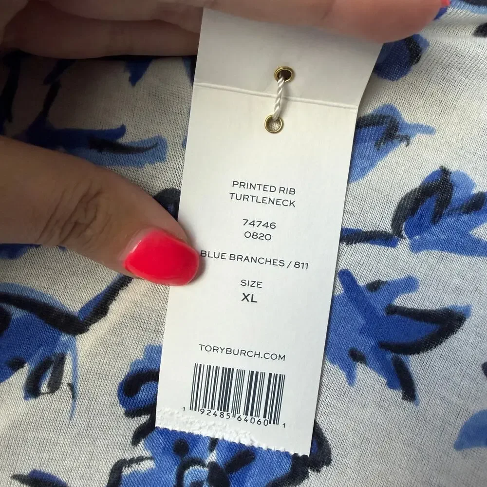 Tory Burch Printed Rib Turtleneck in Blue Branches NWT NEW Size XL